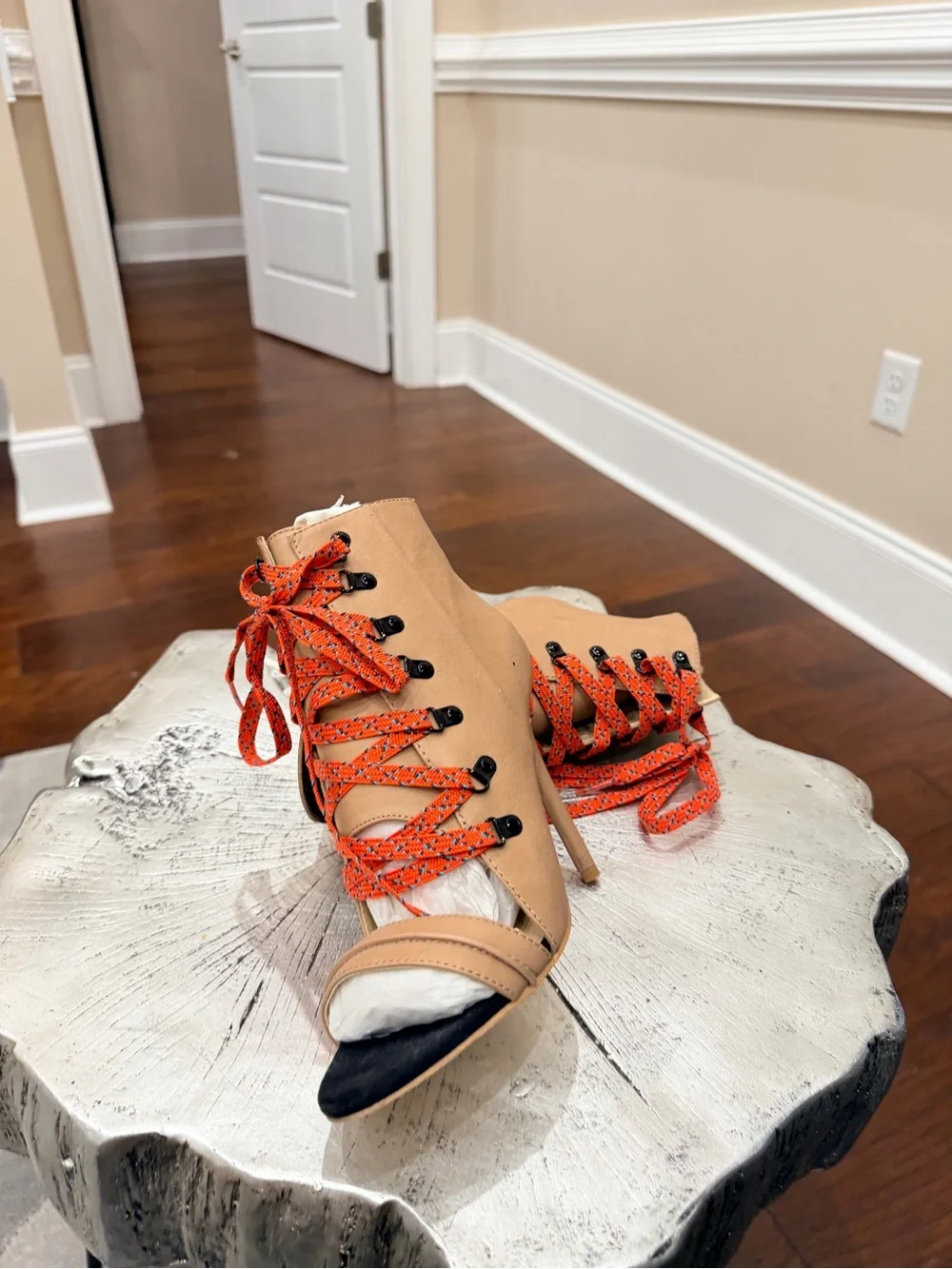 Women's Tan Lace-Up Open-Toe Heeled Sandals with Orange Laces